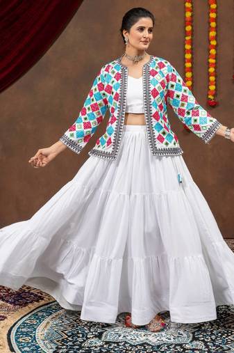 White Embroidery work and Mirror work Reyon Navratri Lahenga Choli Set 