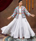 White Embroidery work and Mirror work Reyon Navratri Lahenga Choli Set 