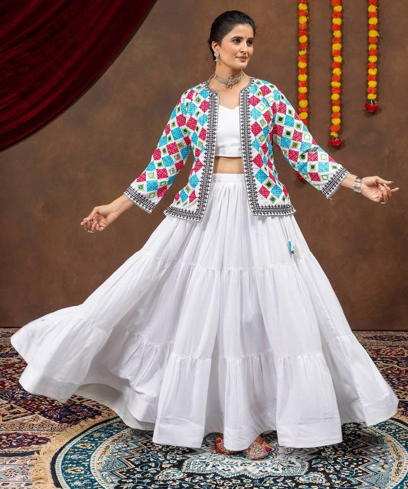 White Embroidery work and Mirror work Reyon Navratri Lahenga Choli Set 