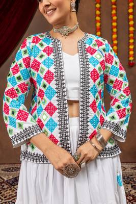White Embroidery work and Mirror work Reyon Navratri Lahenga Choli Set  2