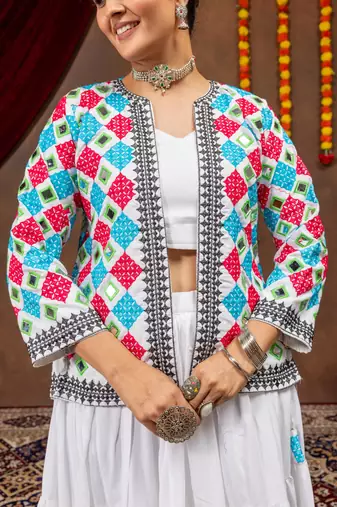 White Embroidery work and Mirror work Reyon Navratri Lahenga Choli Set 