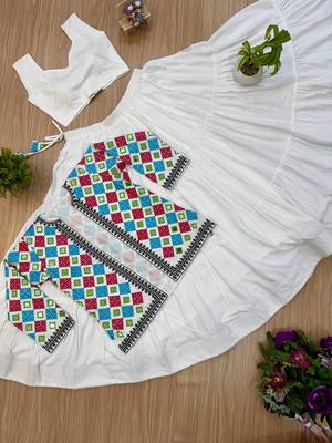White Embroidery work and Mirror work Reyon Navratri Lahenga Choli Set  3