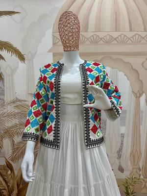 White Embroidery work and Mirror work Reyon Navratri Lahenga Choli Set  4