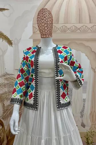 White Embroidery work and Mirror work Reyon Navratri Lahenga Choli Set 