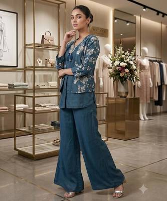 Teal crepe embroidered kurta set 1