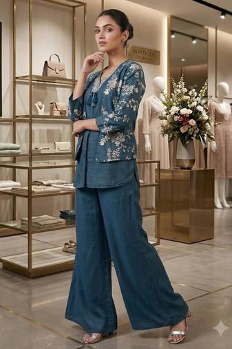 Teal crepe embroidered kurta set