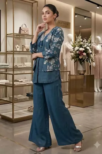 Teal crepe embroidered kurta set