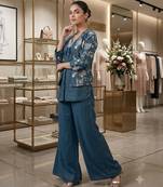 Teal crepe embroidered kurta set