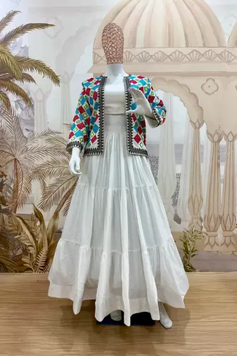White Embroidery work and Mirror work Reyon Navratri Lahenga Choli Set 