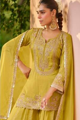 Yellow chinon readymade suit with embroidery work 2