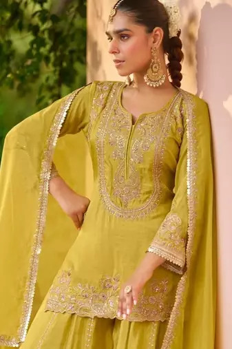 Yellow chinon readymade suit with embroidery work