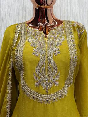 Yellow chinon readymade suit with embroidery work 3