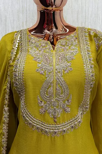 Yellow chinon readymade suit with embroidery work
