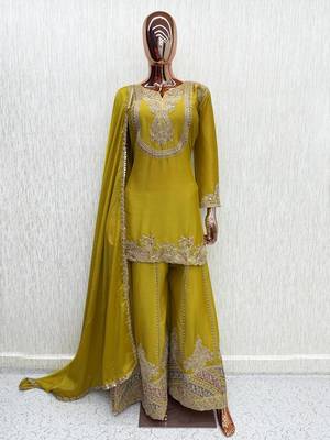 Yellow chinon readymade suit with embroidery work 4