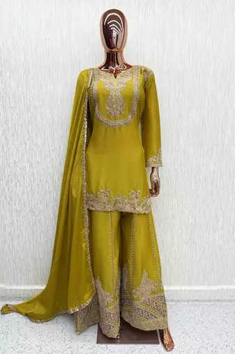 Yellow chinon readymade suit with embroidery work
