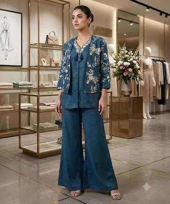 Teal crepe embroidered kurta set 4
