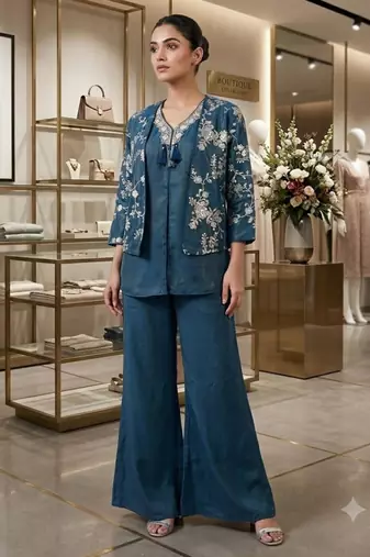Teal crepe embroidered kurta set