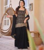 Black silk blend embroidered kurta set