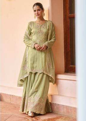 L green chinon readymade suit with embroidery work 1