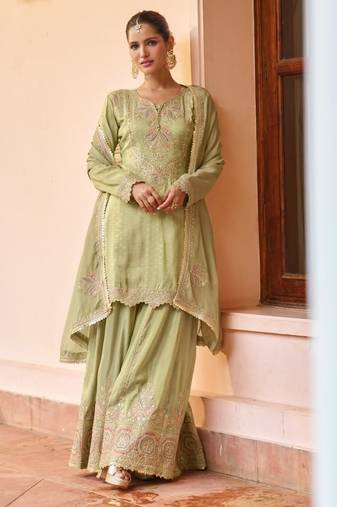 L green chinon readymade suit with embroidery work