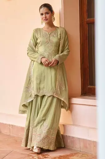 L green chinon readymade suit with embroidery work