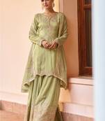 L green chinon readymade suit with embroidery work