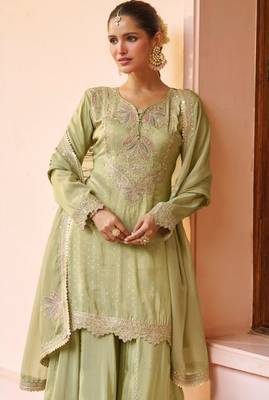 L green chinon readymade suit with embroidery work 2