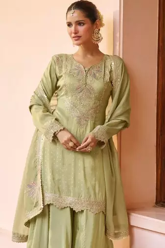L green chinon readymade suit with embroidery work