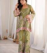 Light-green silk blend embroidered kurta set