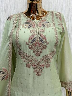 L green chinon readymade suit with embroidery work 3