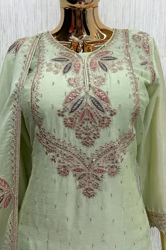 L green chinon readymade suit with embroidery work