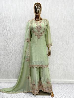 L green chinon readymade suit with embroidery work 4