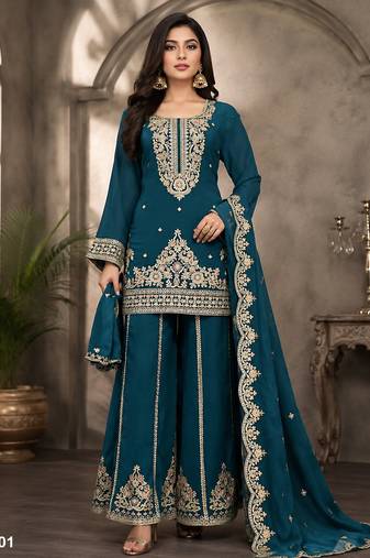 Teal viscose readymade suit with embroidery & sequence work