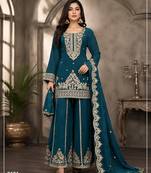 Teal viscose readymade suit with embroidery & sequence work