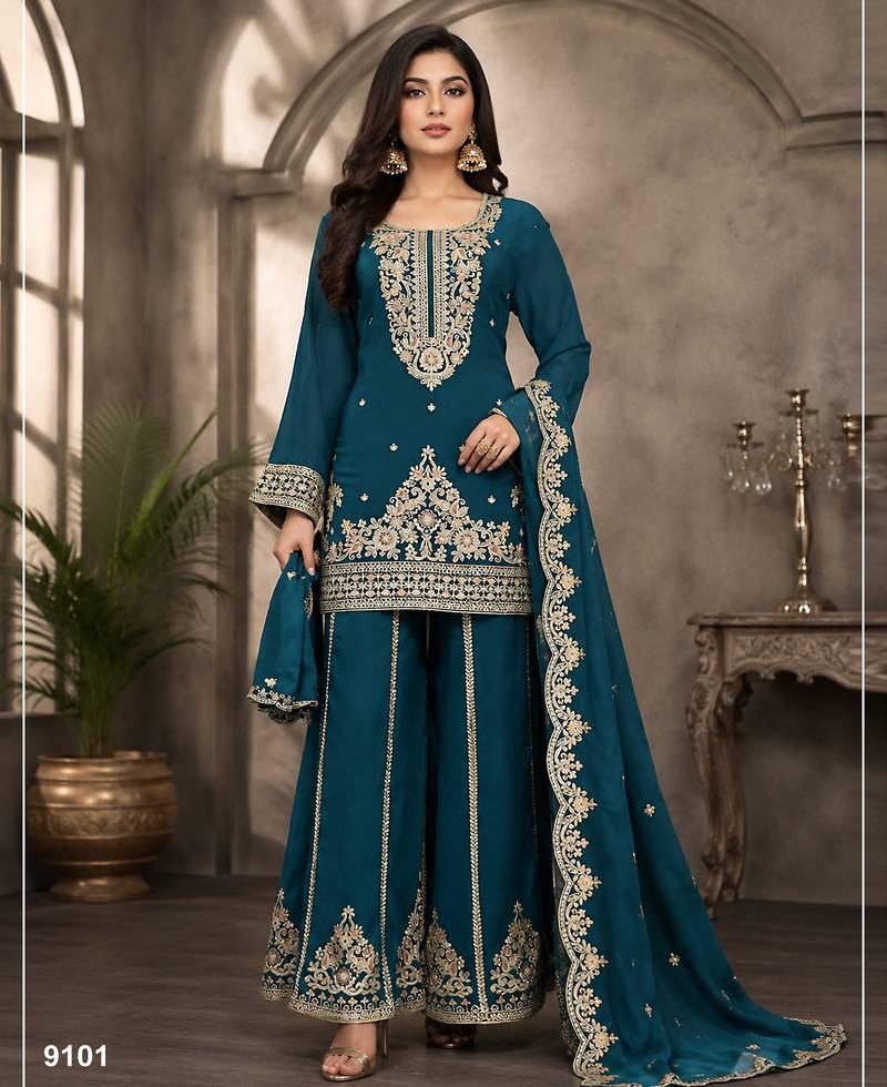 Teal viscose readymade suit with embroidery & sequence work