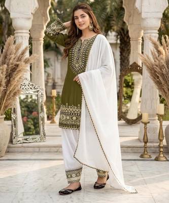 Olive silk blend embroidered farshi salwar set 2