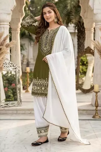 Olive silk blend embroidered farshi salwar set