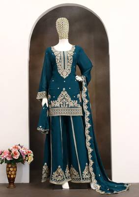 Teal viscose readymade suit with embroidery & sequence work 2