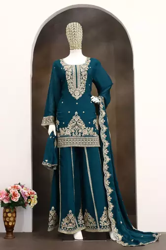 Teal viscose readymade suit with embroidery & Sequin work