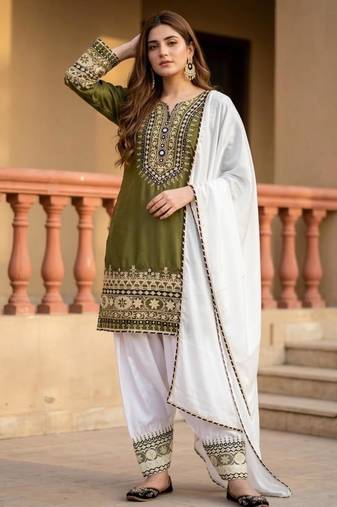Olive silk blend embroidered farshi salwar set