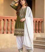 Olive silk blend embroidered farshi salwar set