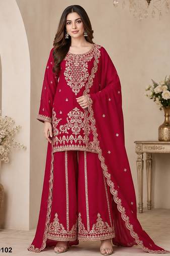 Red viscose readymade suit with embroidery & sequence work
