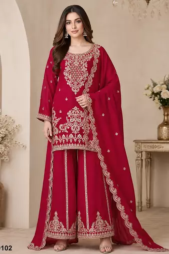 Red viscose readymade suit with embroidery & sequence work