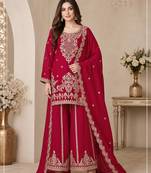 Red viscose readymade suit with embroidery & sequence work