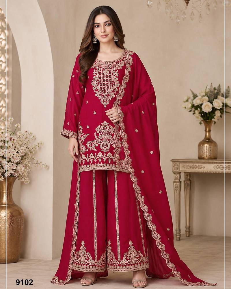 Red viscose readymade suit with embroidery & sequence work