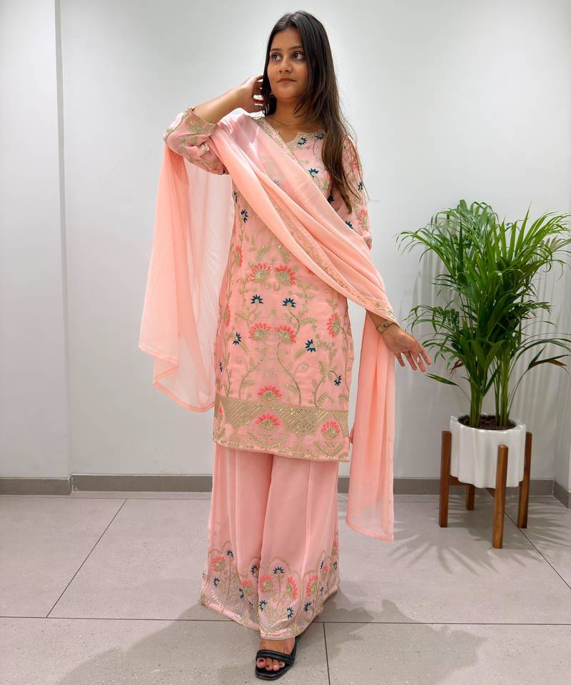 Peach georgette embroidered palazzo set