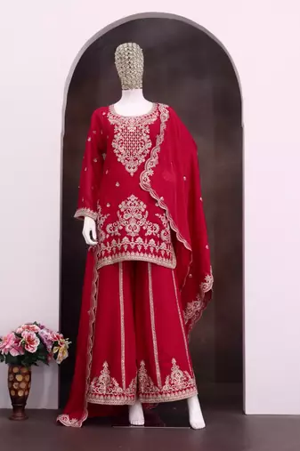 Red viscose readymade suit with embroidery & sequence work