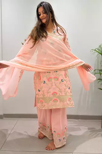 Peach georgette embroidered palazzo set