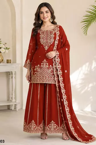 Orange viscose readymade suit with embroidery & Sequin work