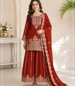 Orange viscose readymade suit with embroidery & sequence work